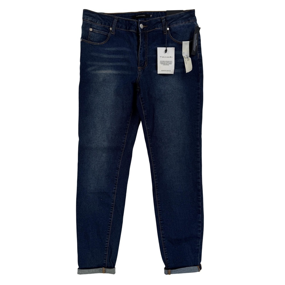 Tahari Jamie Roll Cuff Skinny Jeans Womens 14/32 Blue Dark Wash Mid Rise Stretch